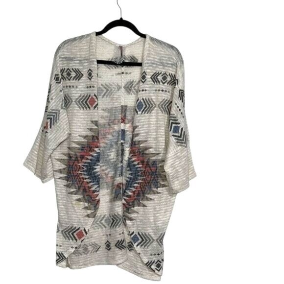 Aztec Print Open Front Cardigan Kimono Style Lightweight Knit Beige One Size Fit - Picture 1 of 7